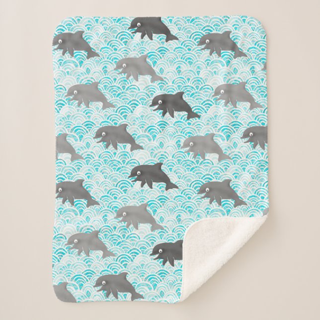 Cobertor Sherpa Keiki Watercolor Dolphin Wave Allover (Frente)