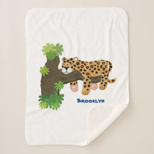 Cobertor Sherpa Leopardo bonito dormindo em desenho animado de árv