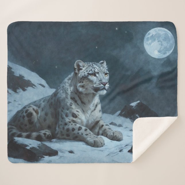 Cobertor Sherpa Leopardo de Neve e Lua Cheia (Frente (Horizontal))