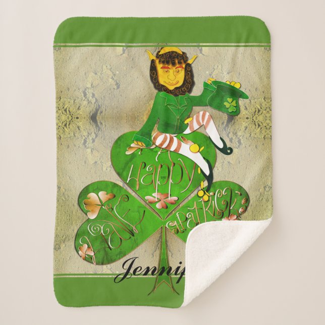 Cobertor Sherpa Leprechaun Shamrock "Feliz Rua de Patrick" (Frente)