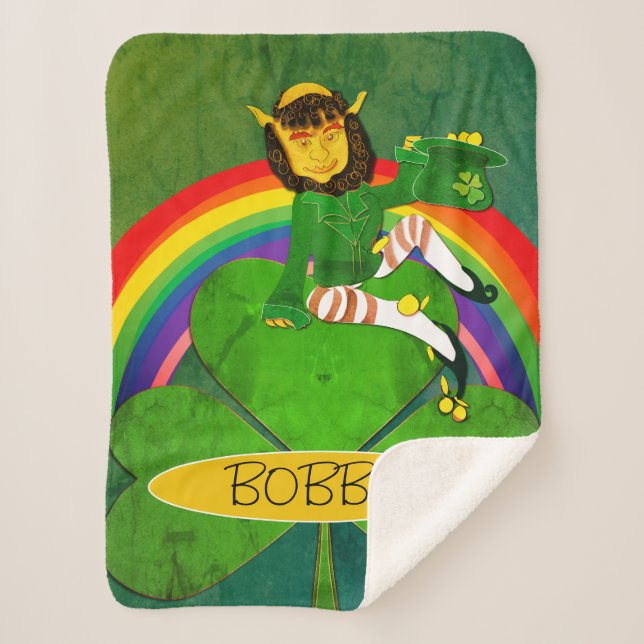 Cobertor Sherpa Leprechaun Shamrock & Rainbow (Frente)