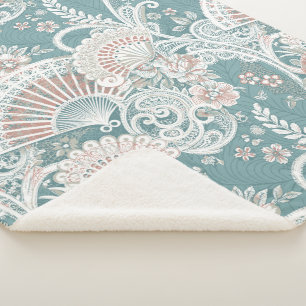 Cobertor Sherpa Leques Vitorianos Elegantes em Renda Floral Teal