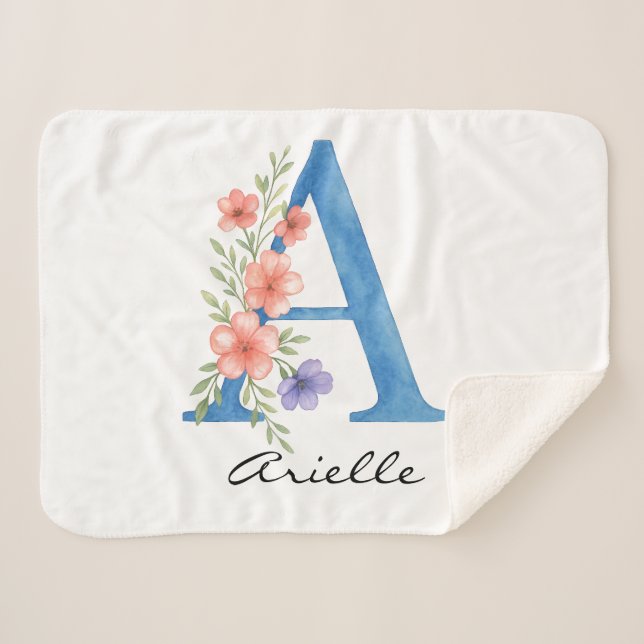 Cobertor Sherpa Letra floral A personalizada com aquarela monogram (Frente (Horizontal))