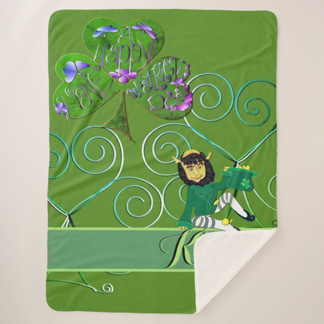 Cobertor Sherpa Letras de Trevo e Leprechaun (Frente)