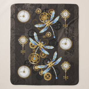 Cobertor Sherpa Libélulas Steampunk em fundo listrado marrom