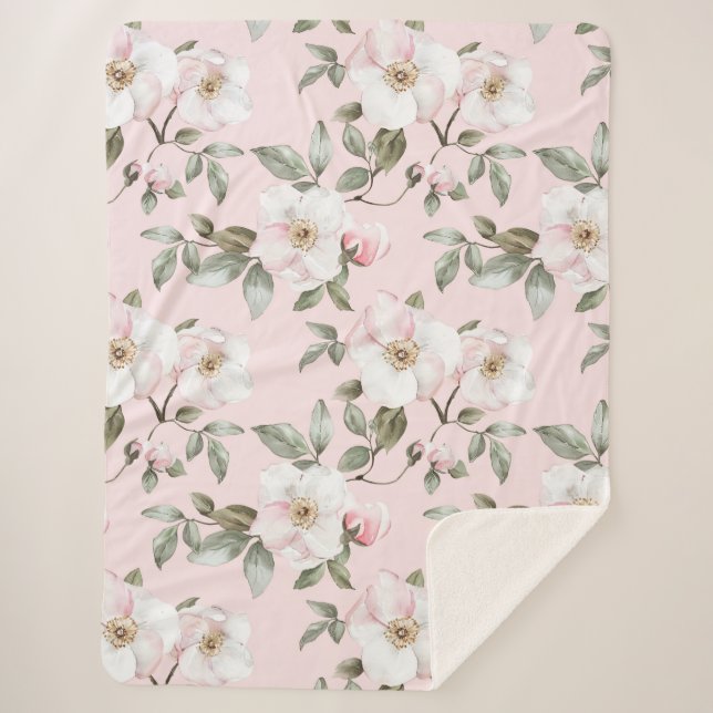 Cobertor Sherpa Lindas Flores Brancas Rosadas   (Frente)