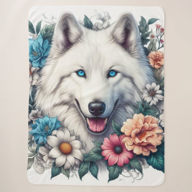 Cobertor Sherpa Lindo Cão Lobo Branco com Flores  (Frente)