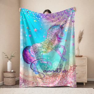 Cobertor Sherpa Lindo unicórnio rosa Glitter arco-íris aqua monogr