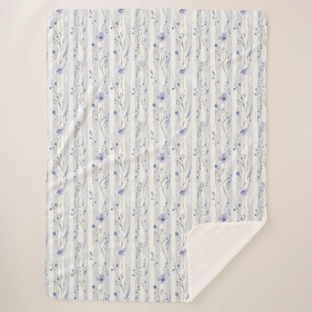 Cobertor Sherpa Lindos Listras Florais Brancas Lavanda Festa de No (Frente)