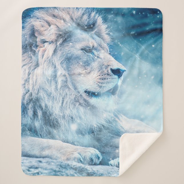 Cobertor Sherpa Lion snow lying down art animal (Frente)