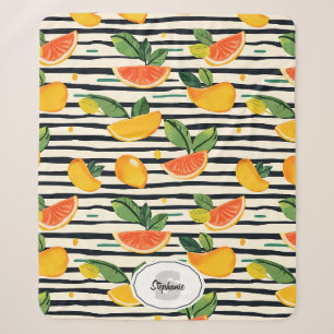 Cobertor Sherpa Listra de Fruta Tropical Amarela Laranja Rosa e Ve