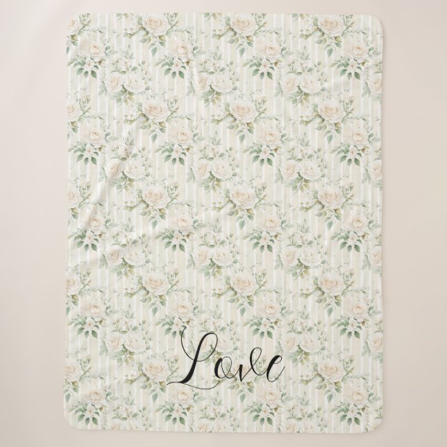 Cobertor Sherpa Listras Florais Creme Romântico Folhas Verdes (Frente)