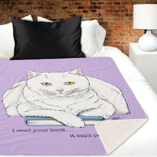 Cobertor Sherpa Livro de Gato Branco Engraçado Lendo Humor Roxo