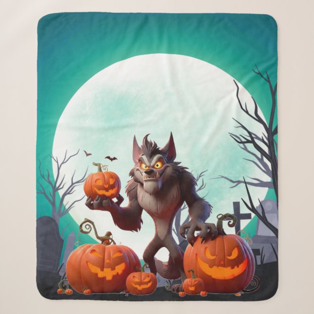 Cobertor Sherpa Lobisomem e abóboras de Halloween (Frente)