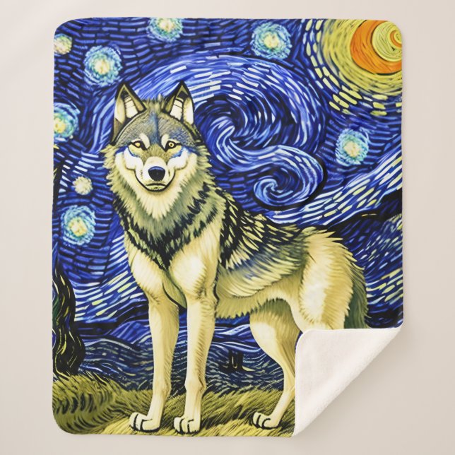 Cobertor Sherpa Lobo Bonito na Noite Estrelada (Frente)