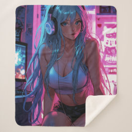 Cobertor Sherpa Lofi Gamer Girl | Estética de animação de calha