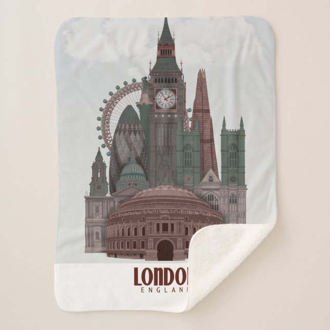 Cobertor Sherpa Londres em Nuvens Vermelho e Verde (Frente)