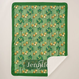 Cobertor Sherpa Lucky Shamrock Clover Green Stripe Gold Coin Irish