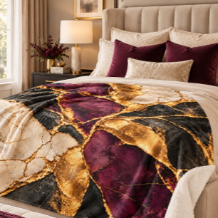 Cobertor Sherpa Luxo Ameixa Preto Dourado Kintsugi Mármore Acento