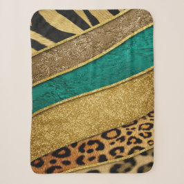 Cobertor Sherpa Luxury Emerald & Gold Safari Leopard Zebra Glitter