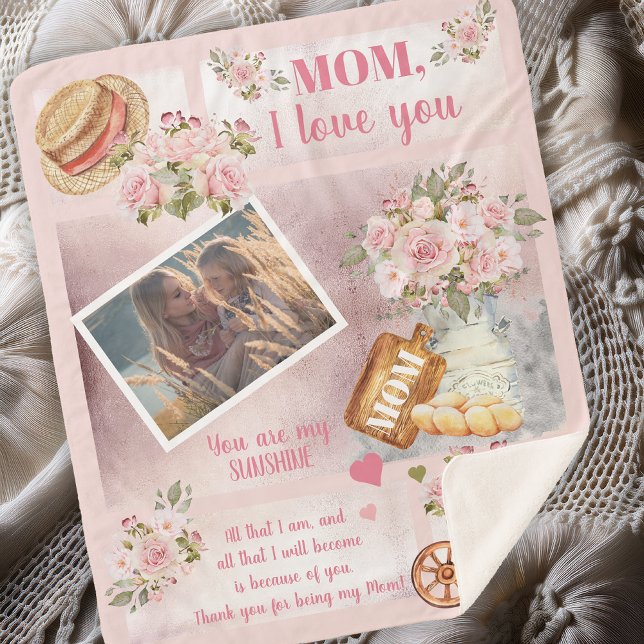 Cobertor Sherpa Mãe Eu Te Amo Foto Rosa Floral | Texto do Script (Soft and Beautiful "Mom, I Love You" Photo Pink Floral Script Text Sherpa Blanket)