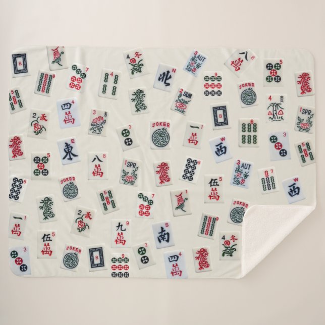 Cobertor Sherpa MahJong azulejo fotografia sobre fundo do crachá (Frente (Horizontal))