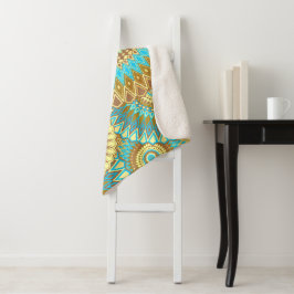 Cobertor Sherpa Mandala Azul Marrom Dourado Sobreposto