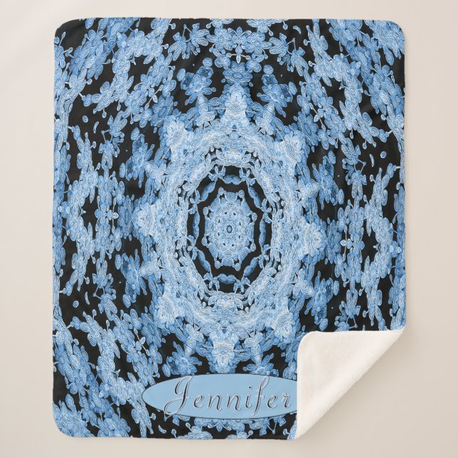 Cobertor Sherpa Mandala Floral Azul e Preto Personalizado (Frente)