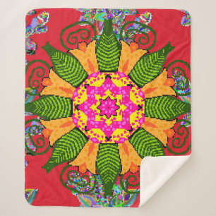 Cobertor Sherpa Mandala floral cor redonda, vermelha, verde e 