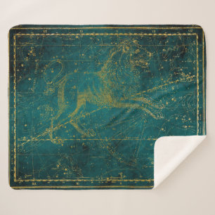 Cobertor Sherpa Mapa Estelar Leão Verde e Dourado Ilustrado Vintag