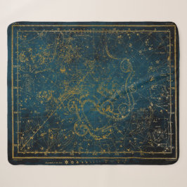 Cobertor Sherpa Mapa Estelar Vintage Ilustrado Azul Escuro e Doura