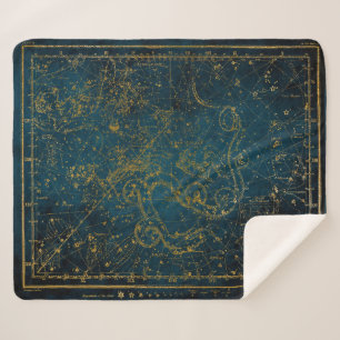 Cobertor Sherpa Mapa Estelar Vintage Ilustrado Azul Escuro e Doura