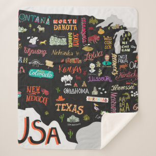 Cobertor Sherpa Mapa ilustrado dos EUA. Poster com estados e