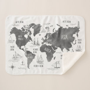 Cobertor Sherpa Mapa Mundial Arte Preto Branco Náutico