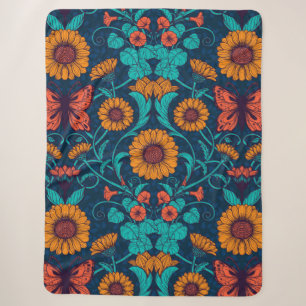 Cobertor Sherpa Margaridas Art Nouveau em azul e amarelo