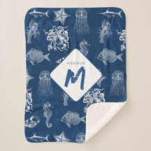 Marinho Azul Aquarela Oceano Monograma de Animais 