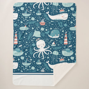 Cobertor Sherpa Marinho, azul e branco, de padrão do oceano náutic