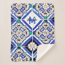 Cobertor Sherpa Marinho de Azulejos de Padrão Espanhol Azulejo Mon