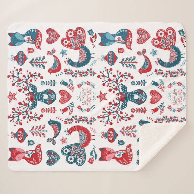 Cobertor Sherpa Marinho Vermelho Festivo, Natal, Arte Foliar Escan (Frente (Horizontal))
