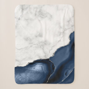 Cobertor Sherpa Mármore Branco Azul Ágata Prata Marinho
