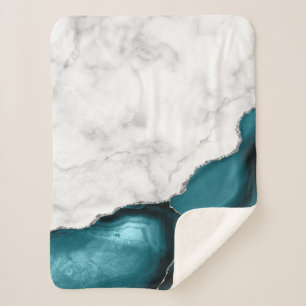 Cobertor Sherpa Mármore Branco Brilho Prateado Ágata Azul Turquesa