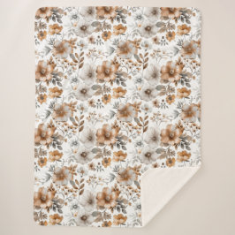 Cobertor Sherpa Marrom Bege Cinza Boho Floral Flores Aquarela