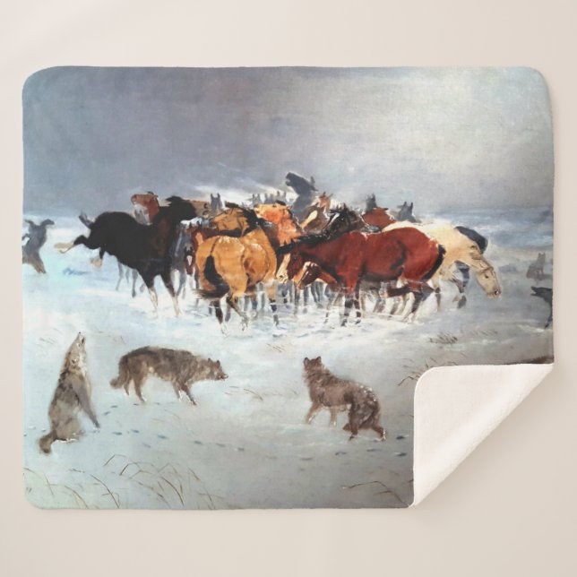 Cobertor Sherpa Matilha de Lobos de Cascos Voadores Atacando Caval (Frente (Horizontal))