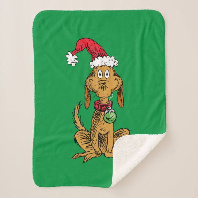 Cobertor Sherpa Max o Cão com Chapéu de Papai Noel (Frente)