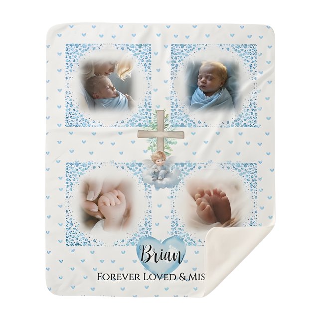 Cobertor Sherpa Memorial Baby Boy Photo Blanket Gift (personalized-baby-loss-boy-memorial-photo-blanket-keepsake)