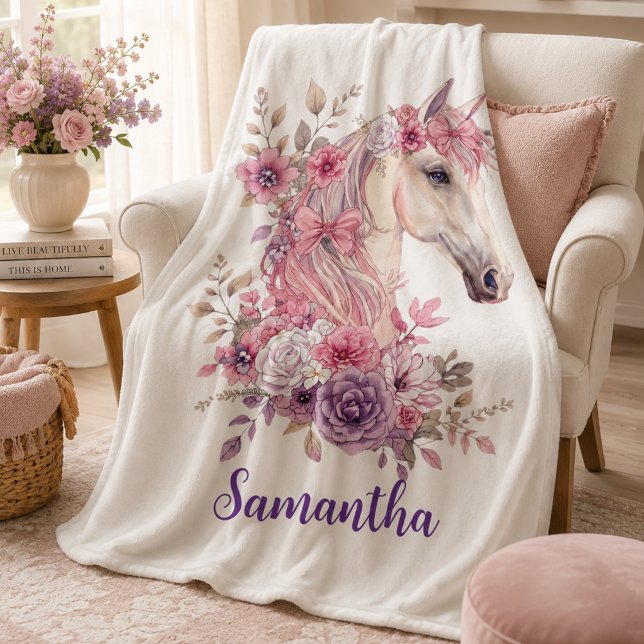 Cobertor Sherpa Menina Cavalo Monograma Caprichoso Rosa Roxo (Criador carregado)