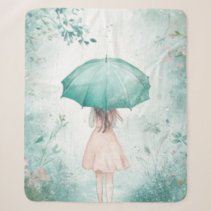 Cobertor Sherpa Menina com Guarda-Chuva Verde-Jade Jardim Chuvoso