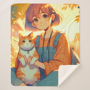 Cobertor Sherpa Menina De Animação Com Seu Gato Favorito