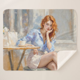 Cobertor Sherpa Menina elegante em azul e branco em um café