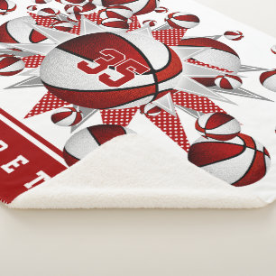 Cobertor Sherpa meninas, estrelas brancas de basquete vermelhas pe